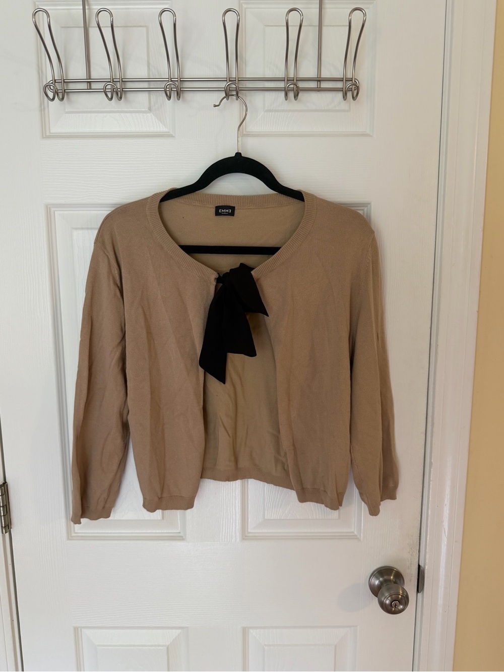 Beige Cardigan with Black Bow